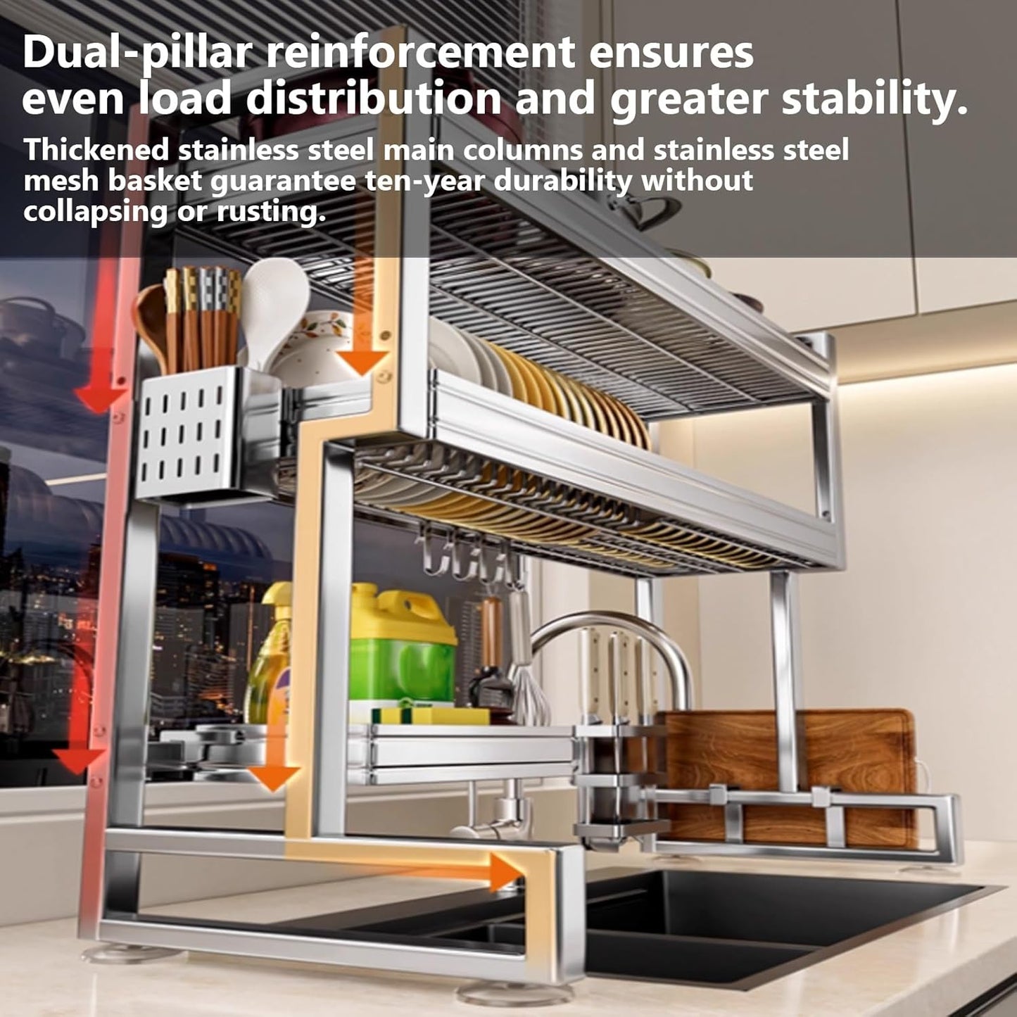 Kitchen Sink Rack Sink Above The Dish Drain Dish Washing Rack Stainless Steel Multifunctional Dish Storage Rack,Over The Sink Drying Rack for Dishes(2,95cm/37.4in)