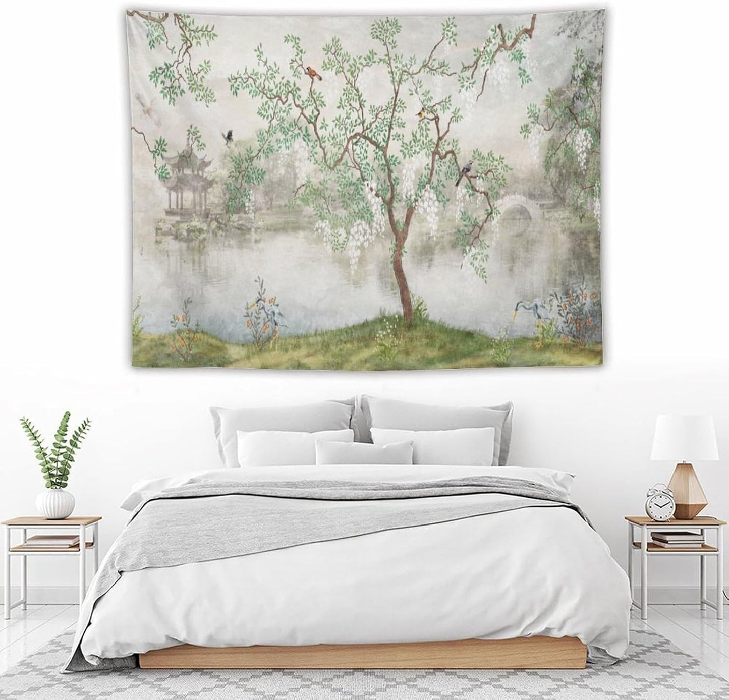 HZOHNAGO Japanese Tapestry Tree Misty Garden Lake Printed Wall Tapestry Ink Painting Wall Hanging for Bedroom Living Room Dorm 80" W x 60" H
