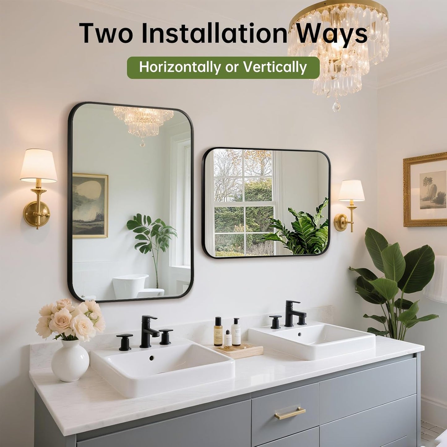 FARMER 20x30 Inch Black Bathroom Mirror, Rectangle Vanity Mirror, Brushed Mirrors for Wall, Metal Frame Hanging Mirror with Round Corner for Bedrooms, Entryways, Living Rooms, Horizontal/Vertical