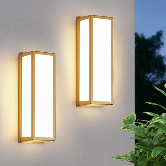2-Pack Outdoor Wall Light LED 30W Aluminum - Gold Modern Exterior Sconce,3000K Warm,Waterproof Rectangular Porch Wall Mount Lighting Brightens to Patio,Garage,Front Door