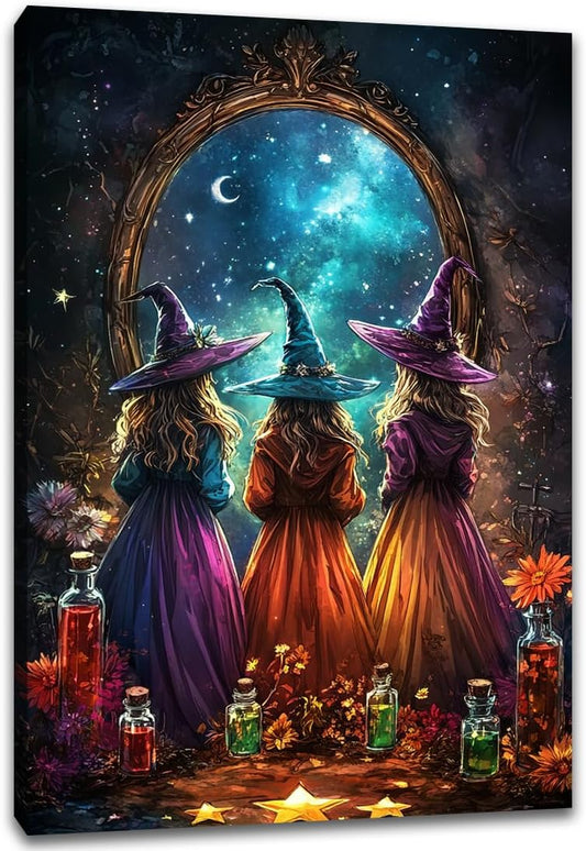 Witch Poster Halloween Fall Wall Art Decor,Three Witches with Magic Potion Mirror Colorful Vintage Print,Dark Academia Spooky Canvas Art Prints for Home Living Room,8"x12" Framed