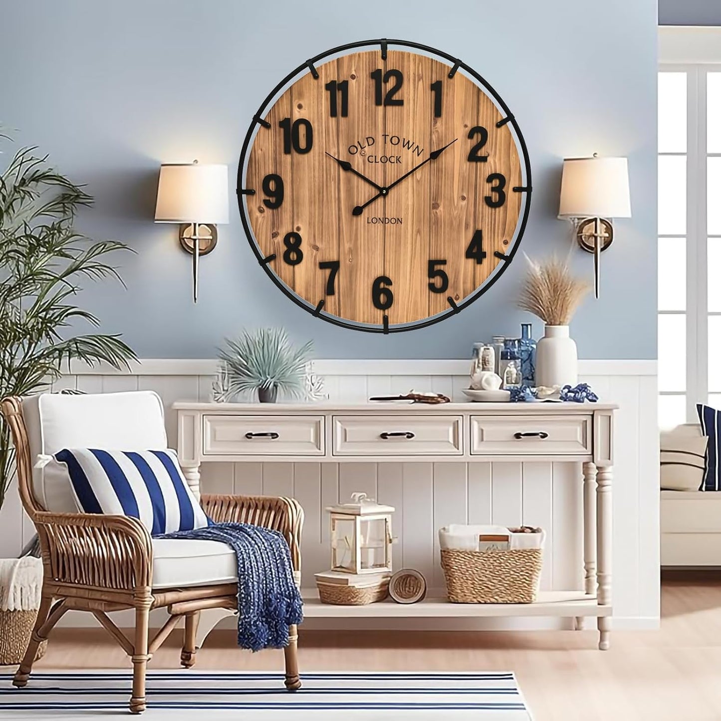Large Old Town Farmhouse Wall Clock 30 Inches Rustic Antique Wood with Metal Circle and Large Numerals Silent Battery Operated Wall Clock for Office Kitchen Bedroom Living Room