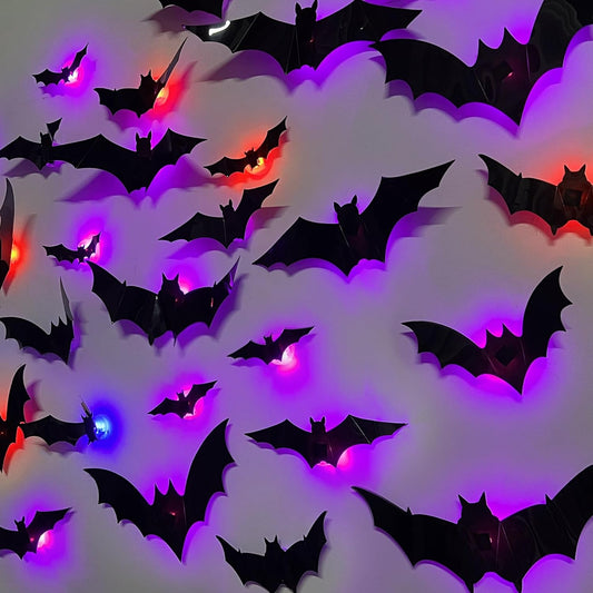 DR.DUDU 36 Pack Halloween Bats Wall Decor – Lighted 3D Bat Stickers Assorted Size for Halloween Party, Bedroom Window Decorations, Indoor and Outdoor Home Decals
