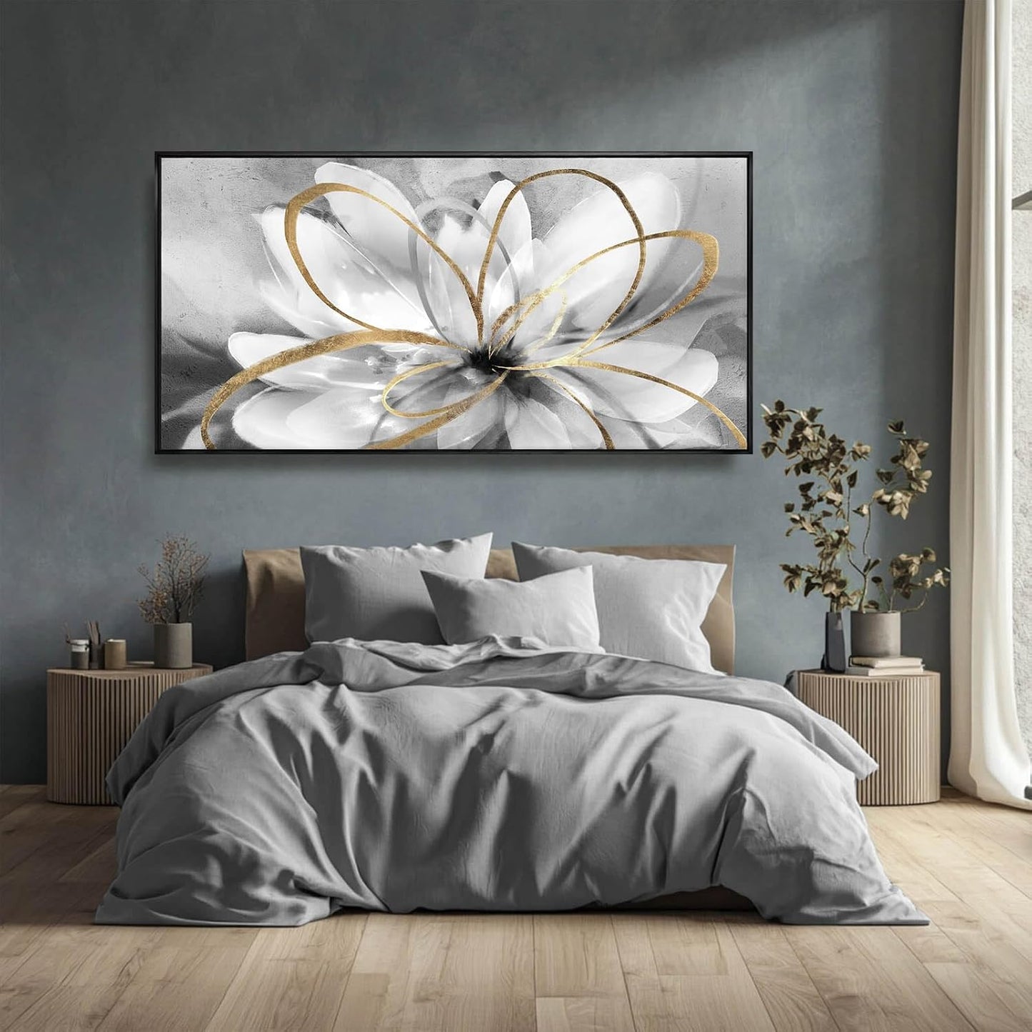 Kureful Botanical Canvas Wall Decor Abstract Floral Wall Art for Home Grey Artwork Contemporary Wall Painting for Office Large Size 29"x 58" Poster