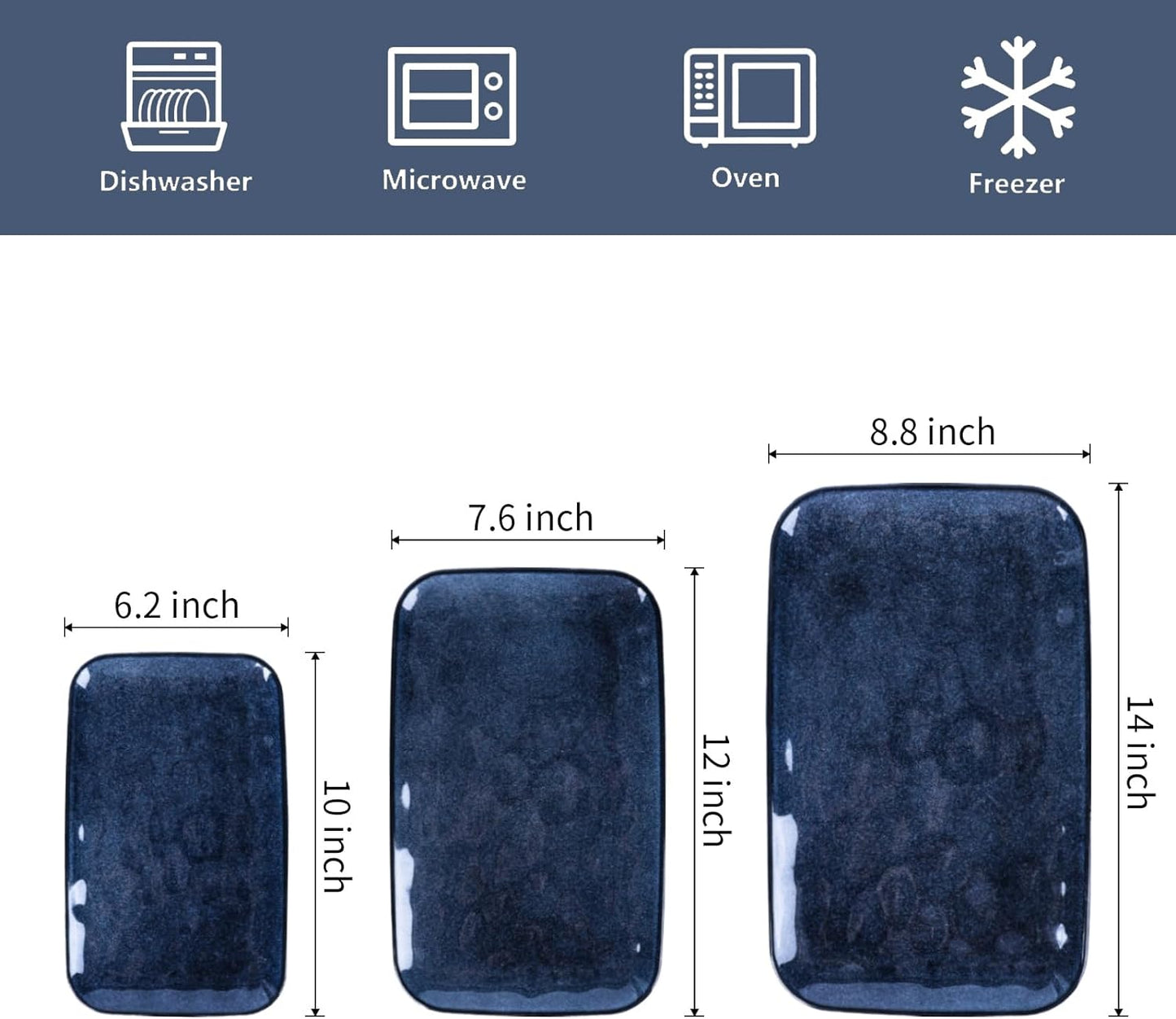 vicrays Ceramic Rectangle Serving Platters - 14" 12" 10" Porcelain Serving Trays Plates for Party BBQ Appetizers Sushi Dessert - Microwave Oven and Dishwasher Safe - Set of 3 Blue