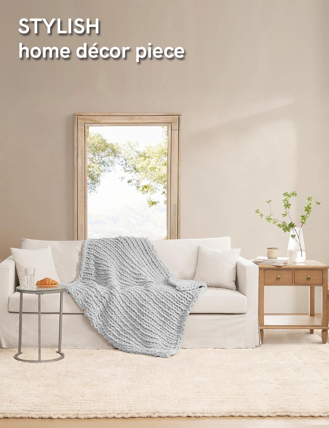 YnM Chunky Throw Blanket, Hand Knitted with Chenille Yarn, Skin Friendly, Ventilated and Breathable, Machine Washable, Home Décor Piece for Couch, Sofa and Bed (Glacier Grey, 30x40 Inch)