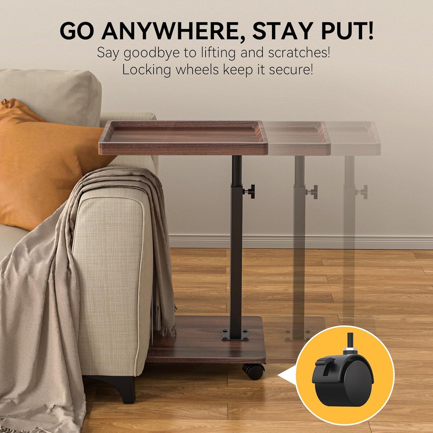 C Table End Table Adjustable Height, 360°Swivel TV Tray Table for Small Spaces, Couch Tables That slide under, C Shaped Side Tables living room and bedroom for Sofa, Bed,Chair, Snack (Walnut Brown)