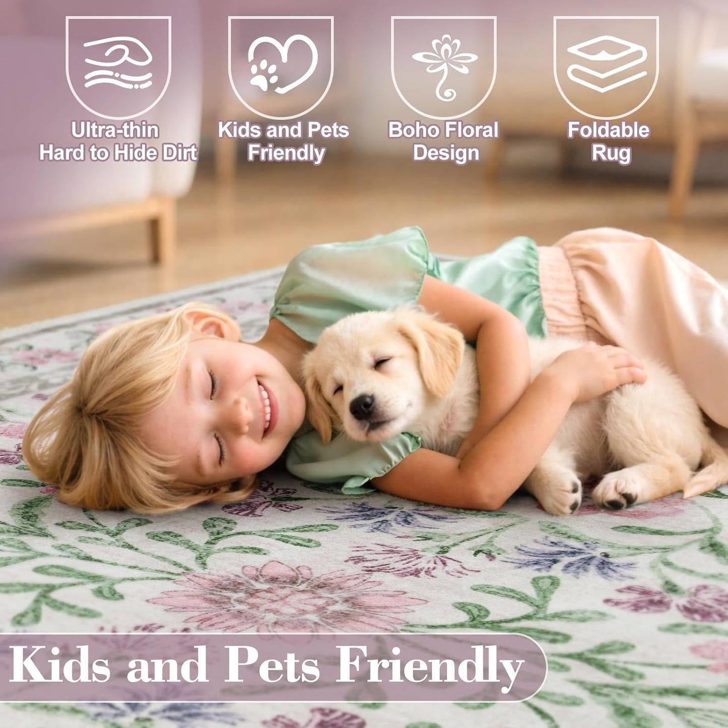 Wonnitar Purple Floral 8x10 Area Rugs, Washable Rug for Living Room, Soft Ultra-Thin Non-Shedding Large Indoor Boho Carpet for Bedroom Nursery Playroom Classroom Decor, Light Purple/Pink