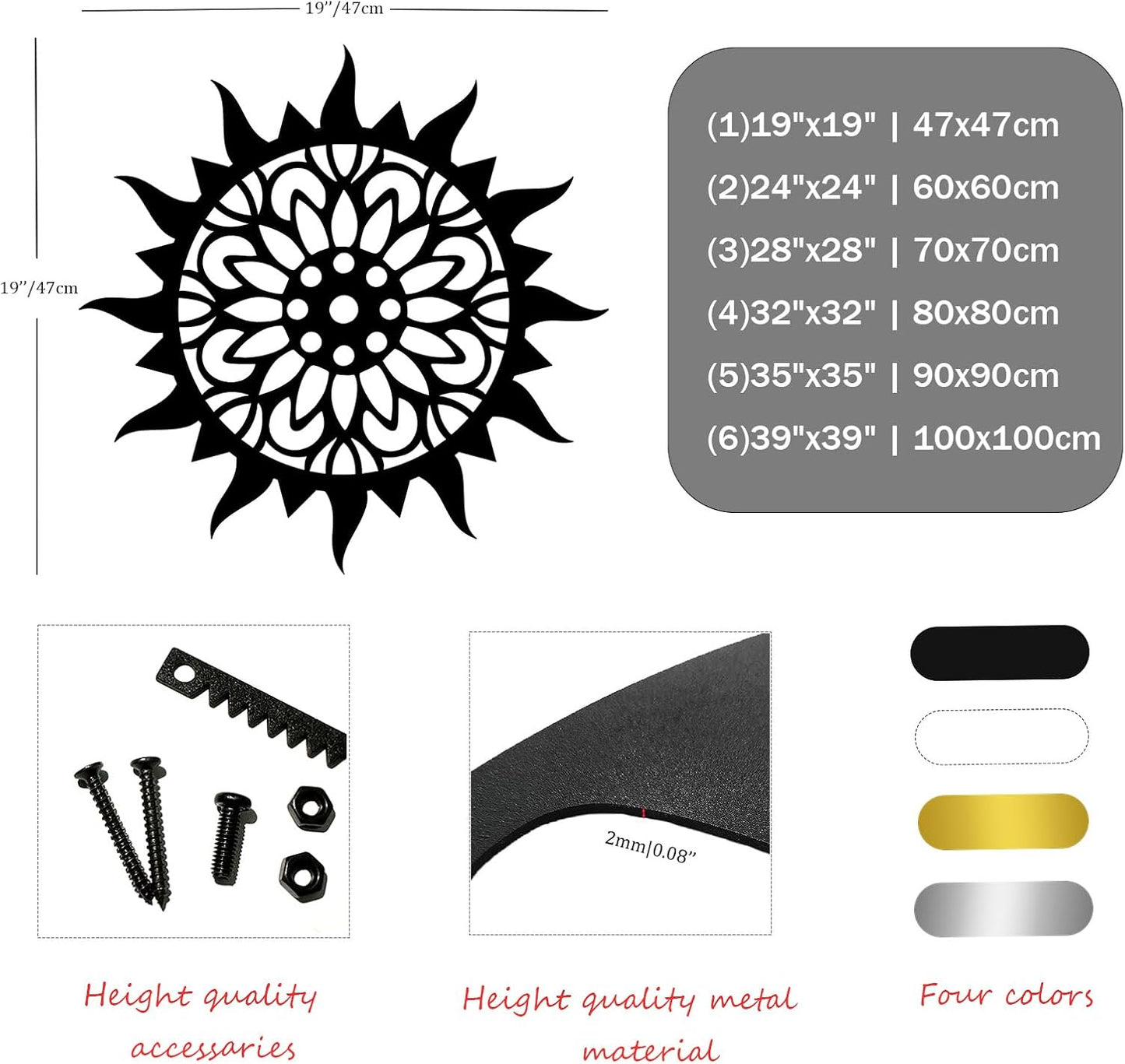 Sunburst Metal Wall Decor, Metal Sun Wall Decor, Metal Sun Flower Wall Art, Outdoor Metal Sun Wall Art, Sun Burst Wall Decor, Home Decor, Patio Decor, Wall Art for Living Room, Bedroom (Black, 32"x32"|80x80cm)