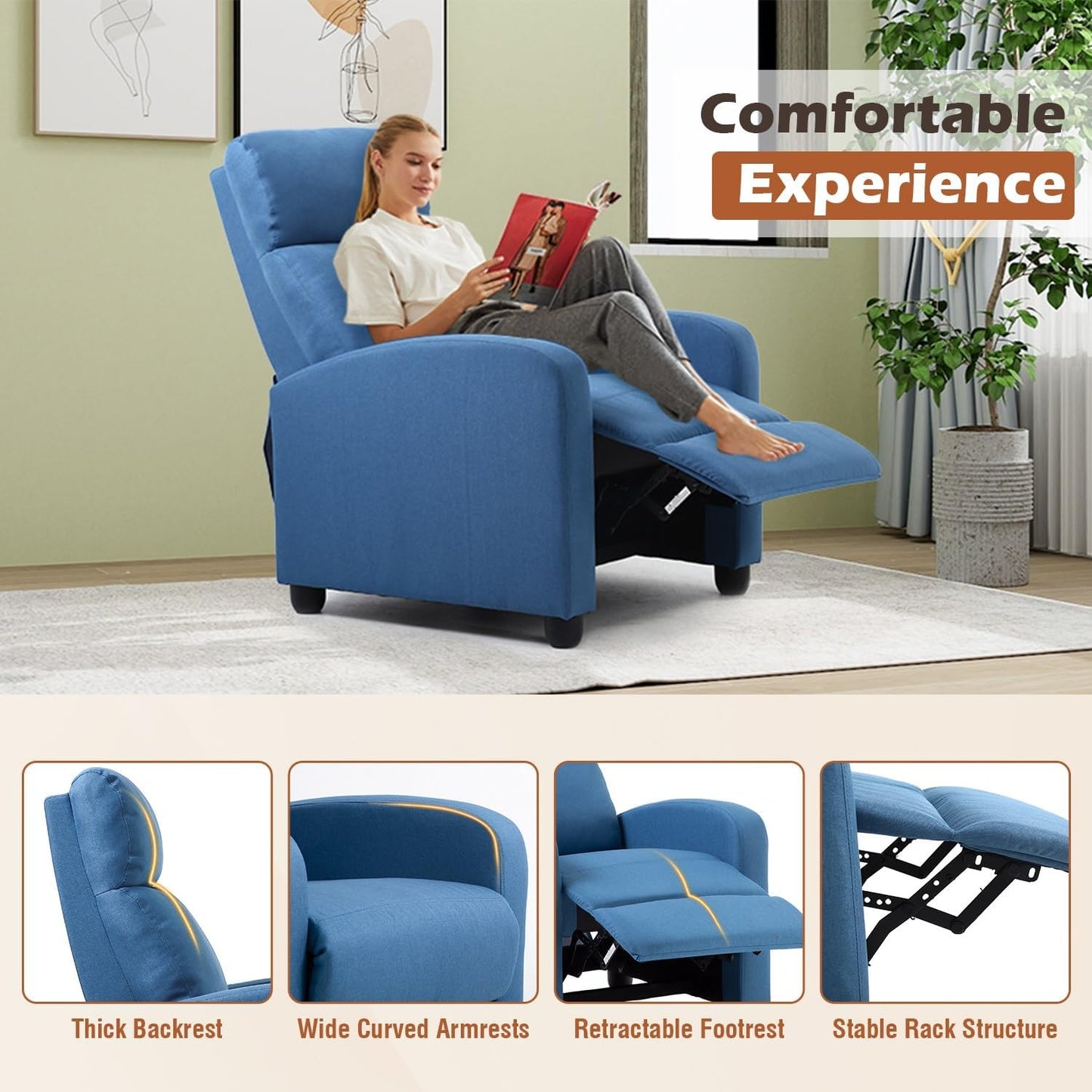 BestMassage | Recliner Chair | No Massage Function | Textile Blue | with Lumbar Support, Adjustable Push Back, Wide Armrests, Footrest & Padded Seat | Easy Assembly | for Living Room, Home Theatre