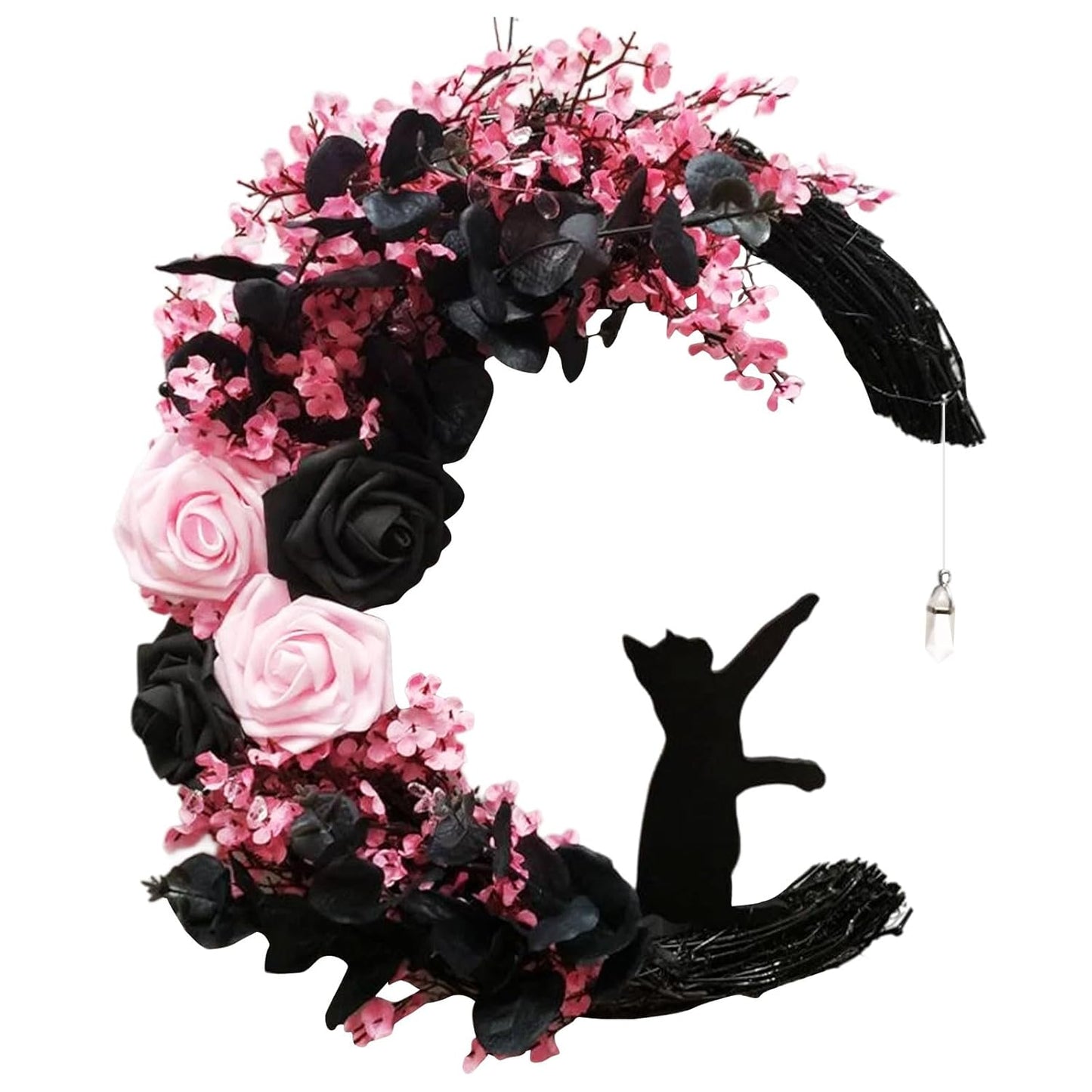 Halloween Wreaths for Front Door with Lights, Black Cat on Moon Garland with Rose Wreath Decor, Halloween Decorations Crescent Moon Wreath for Home Party Window Wall Indoor Outdoor (pink moon cat)
