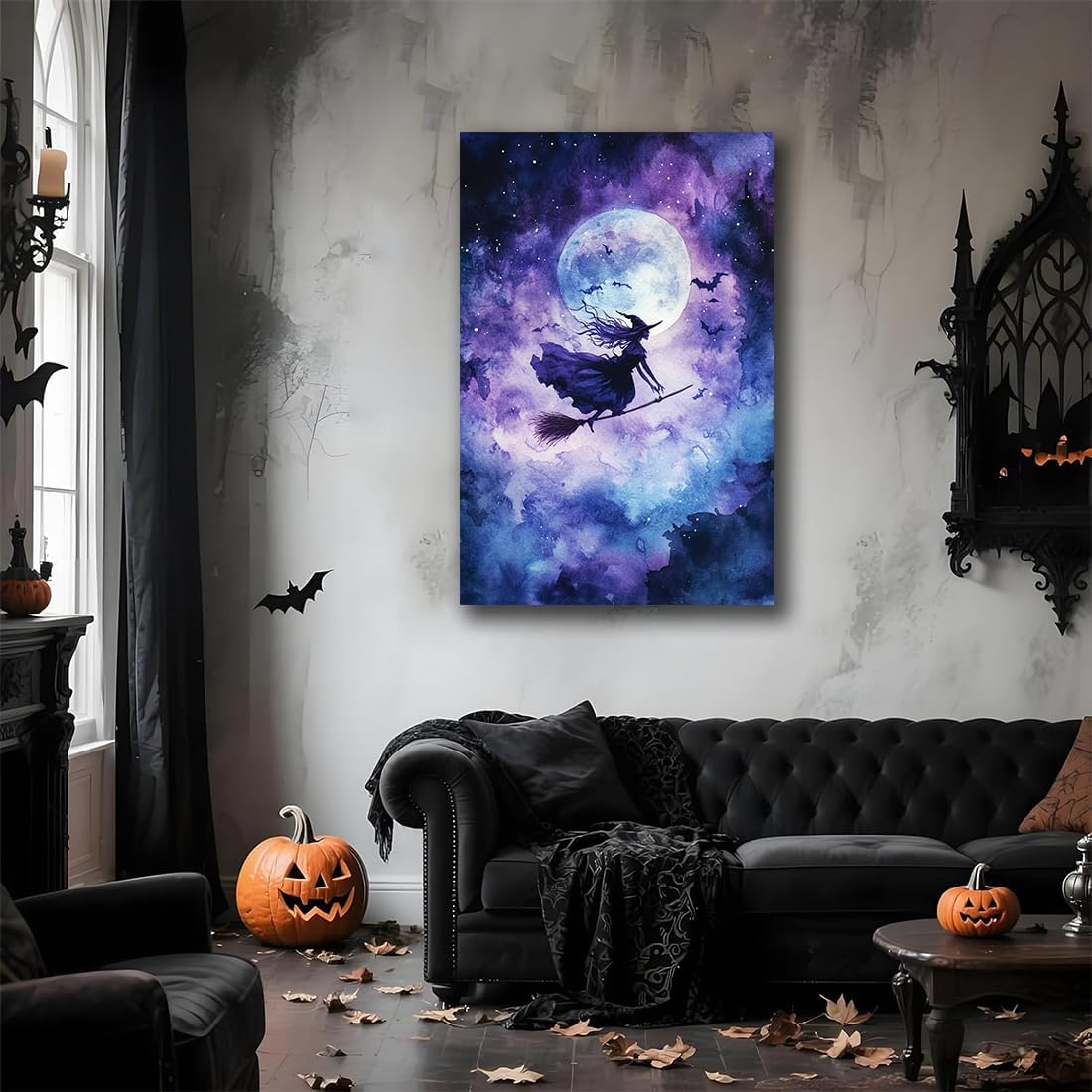 Witch On Broom Flying Wall Art,Gothic Halloween Canvas Wall Art,Victorian Witch Silhouette In Moonlight Broomstick Poster Pictures,Creepy Halloween Purple Night Sky Print,8"x12" Framed