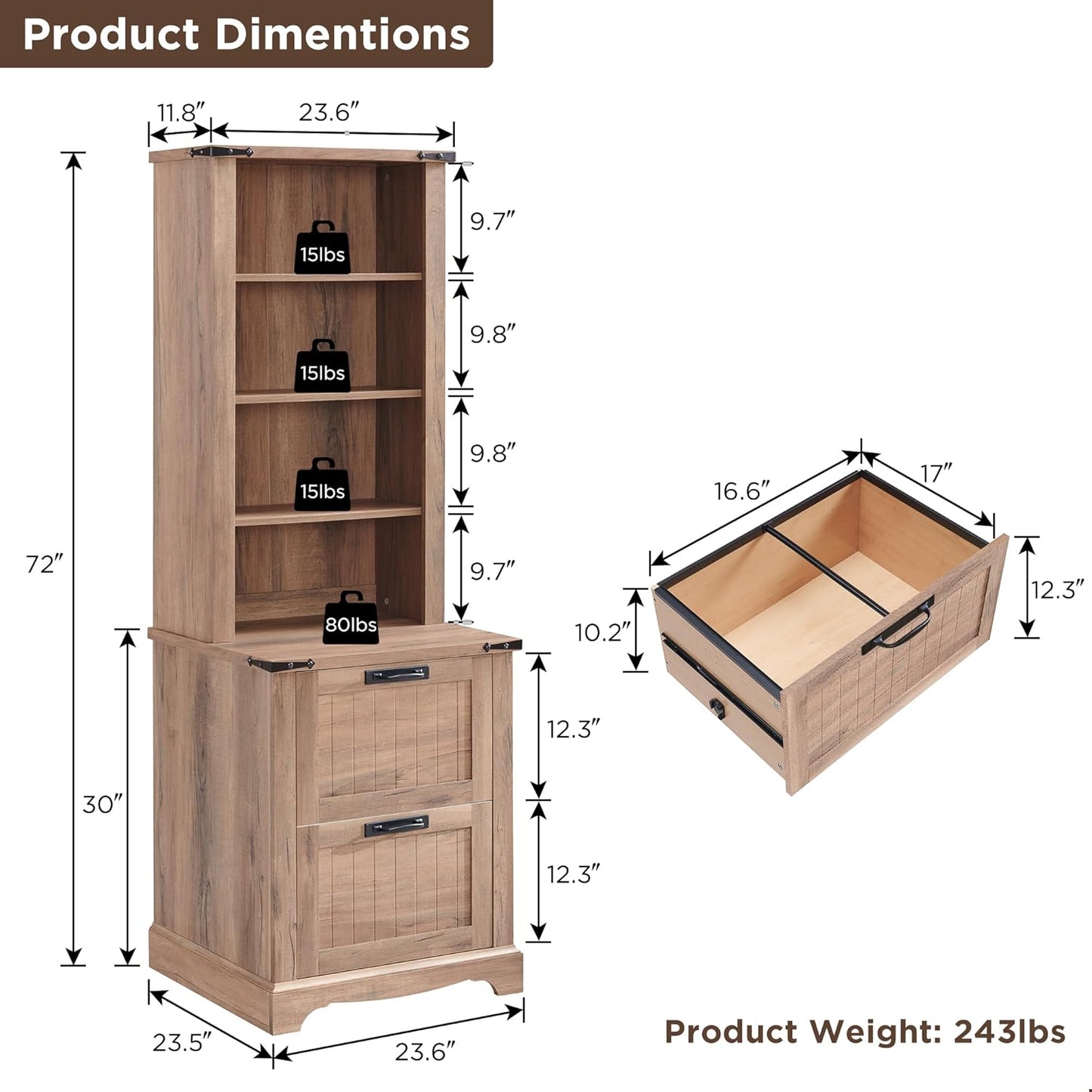 RedLemon Bookcase with 2 File Drawers, 72" Tall Farmhouse Bookshelf with Storage and Adjustable Shelves, 4 Tier Rustic Wood Bookshelf with Cabinet for Home Office, Living Room (Rustic Natural Oak)