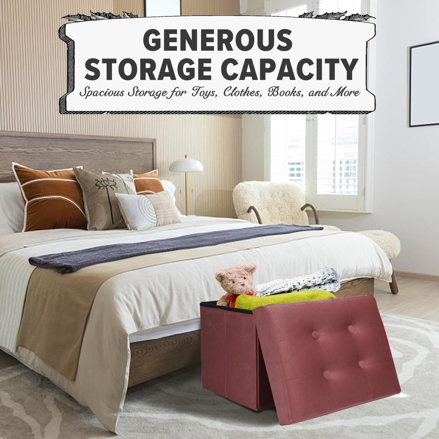 LINMAGCO Storage Ottoman Folding Foot Stool Velvet Footrest with Padded Modern Ottoman with Storage for Living Room Puppy Step Stool 17x13x13in(Jelly Pink)