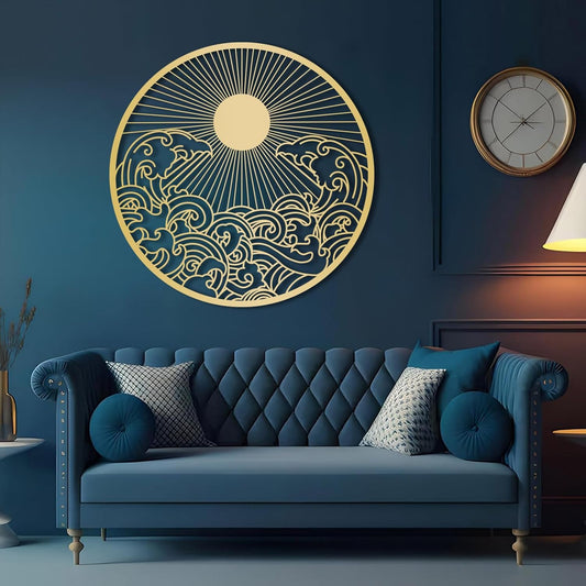 flyoak Metal Sun Wall Decor Outdoor, Sunrise Metal Wall Art, Metal Wave Wall Art, Sunrise and Wave Wall Decor, Sunburst Wall Art, Sunset Wall Art, Wall Hangings for Bedroom (Gold, 19x19in|47x47cm)