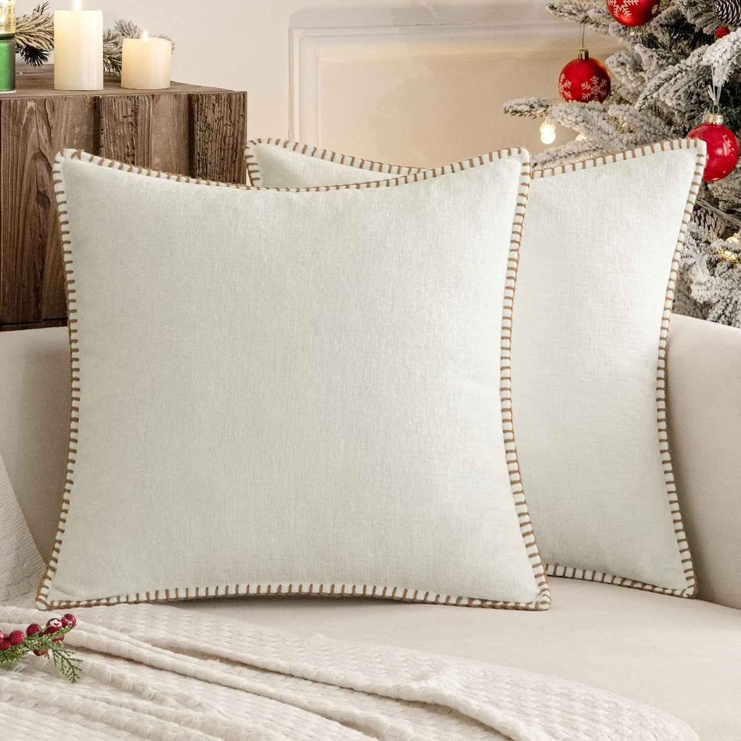 MIULEE Pack of 2 Christmas Pillow Covers 16x16 Inch Pure White Farmhouse Decorative Throw Pillow Covers with Stitched Edge Soft Chenille Solid Dyed Couch Pillow Covers for Sofa Bed Living Room