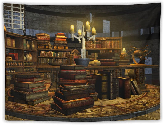 Kurtect Library Tapestry,Vintage Medieval Bookshelf Wooden Bookcase Antique Magic Art Tapestries for Party Beach Picnic Blankets Tablecloths Living Room Wall Deocr, 30x40 in
