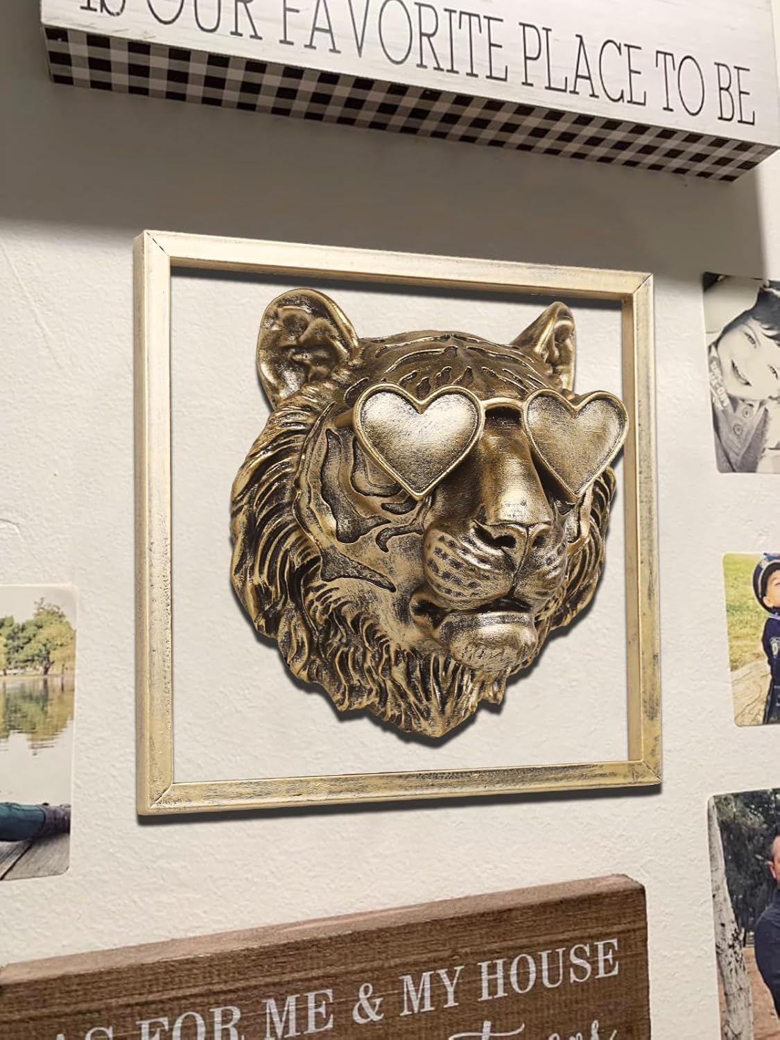 Animal Heads Wall Decor (Includes Metal Frame) Resin Animals Sculptures Head Wall Hanging Decoration Gold vintage Wall Sculpture for Living Room Bedroom Office(Tiger)