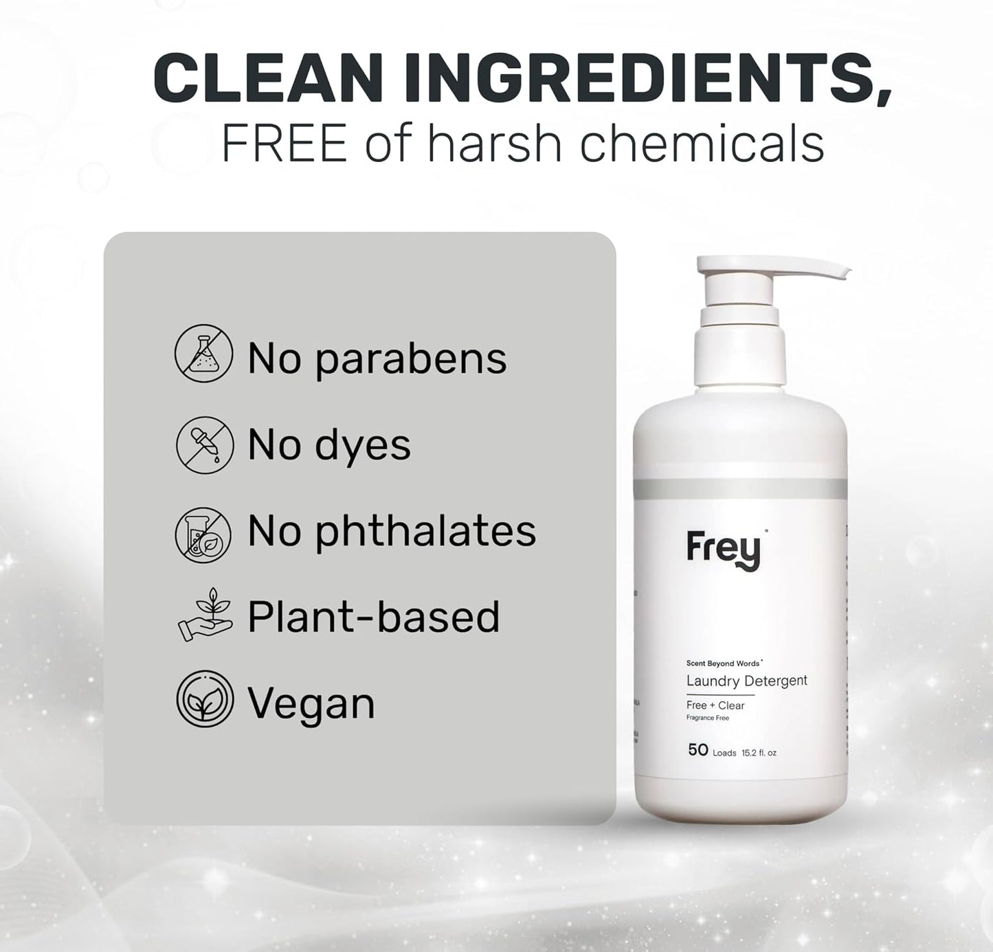 FREY Concentrated Liquid Laundry Detergent | Formulated for Sensitive Skin & HE Washers | Removes Stains Effectively | 50 Loads per Bottle (1-pack Unscented)