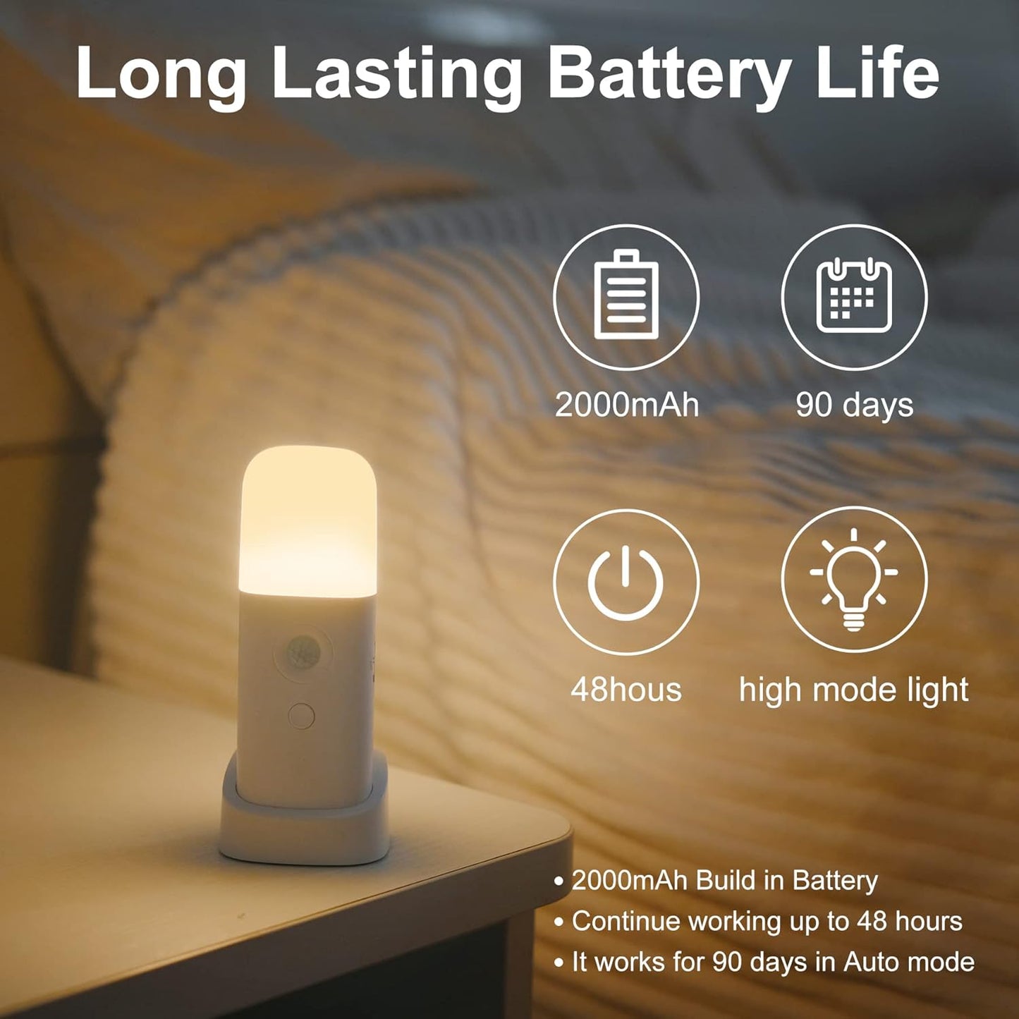 Motion Sensor Night Light Indoor, 2000mAh Battery Operated Lights, Cordless Table Lamps for Kids, 5 Stages Dimmable LED Nursery Night Lights for Bedroom, Bathroom, Hallway