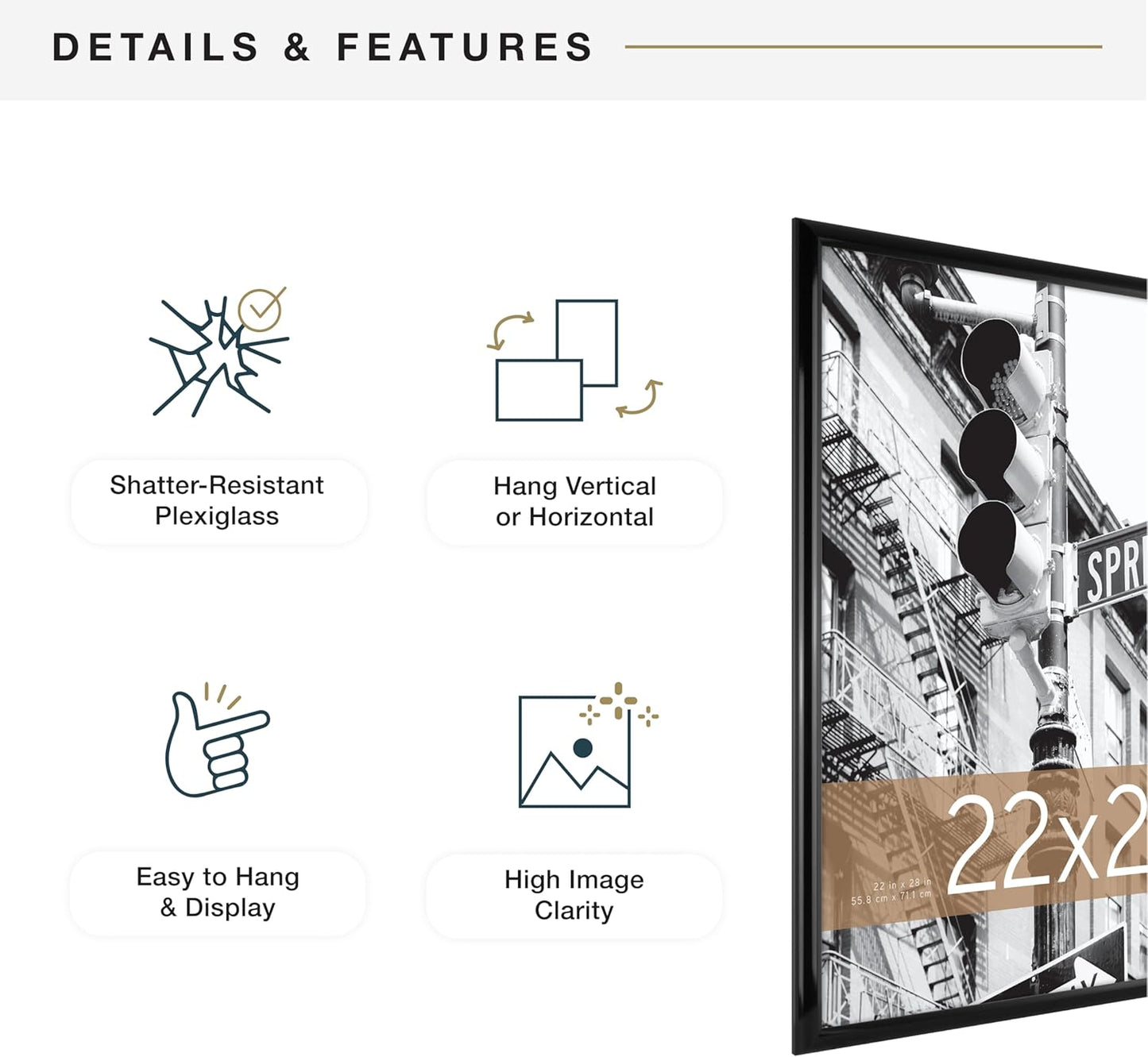 MCS Trendsetter 22x28 Poster Frame Black High-Gloss, Vertical & Horizontal Wall Hanging Large Picture Frame for Photos, Posters & Art Prints (1-Pack)