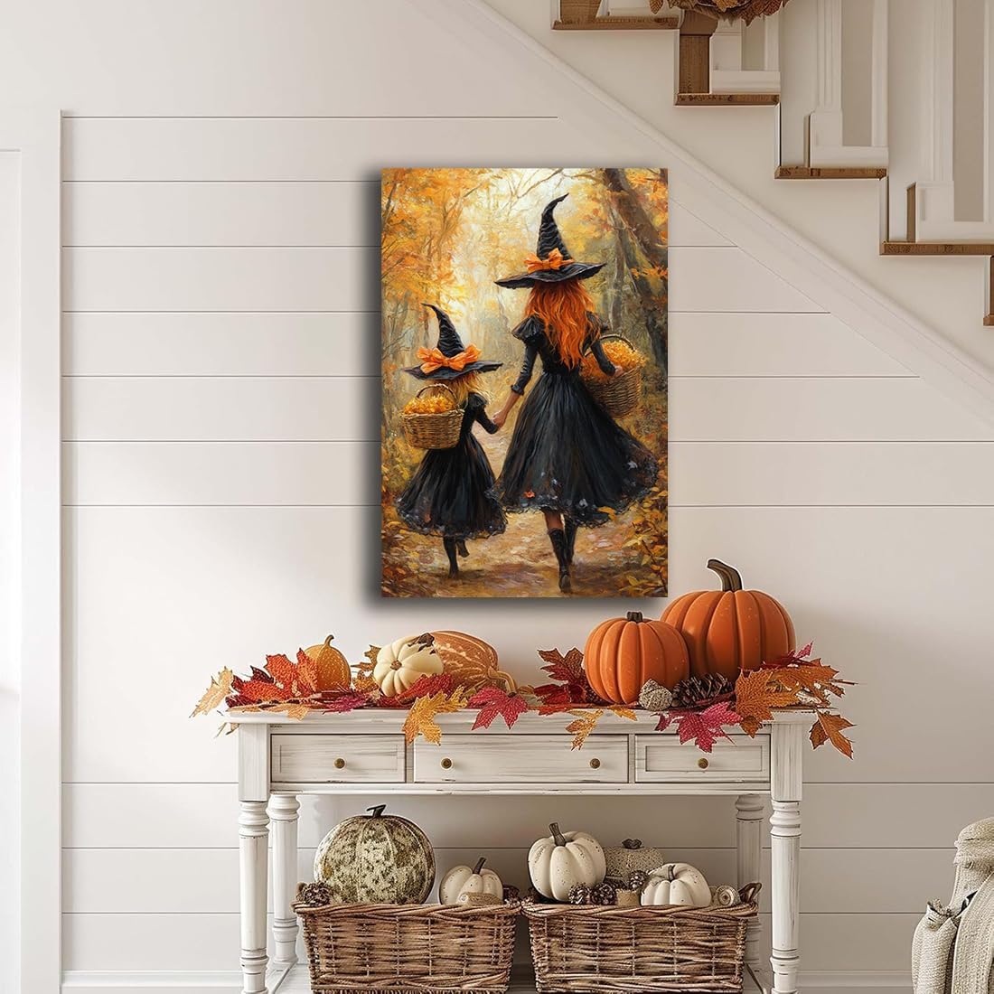 Mother Witch And Child Daughter Witch Wall Art,Halloween Autumn Woodland Forest Path Picture,Family Room Nursery Playroom Kids Room Decor,20"x30" Framed