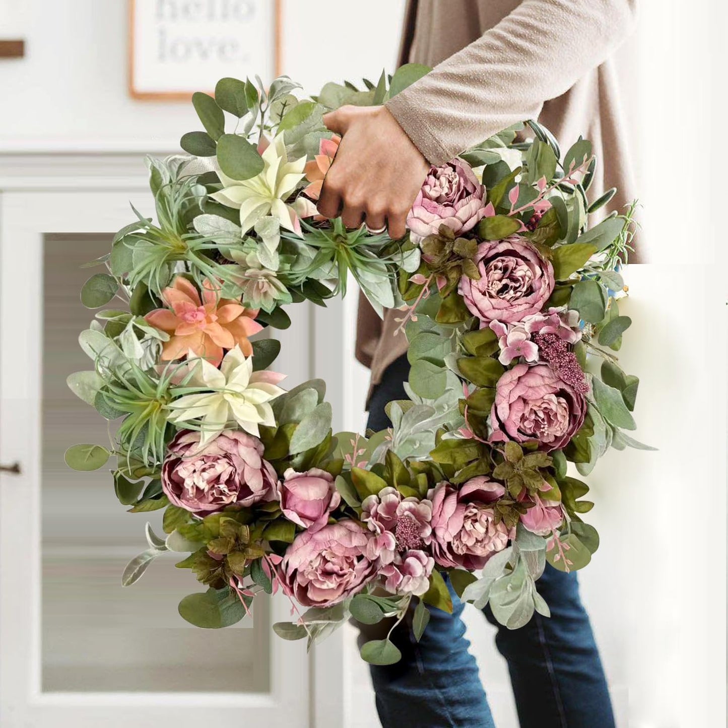 WANNA-CUL 24 Inch Spring Peony Wreaths for Front Door,Succulent Summer Wreath with Pink Peony Floral, Spring Front Door Decor with Succulent Arrangement Decoration