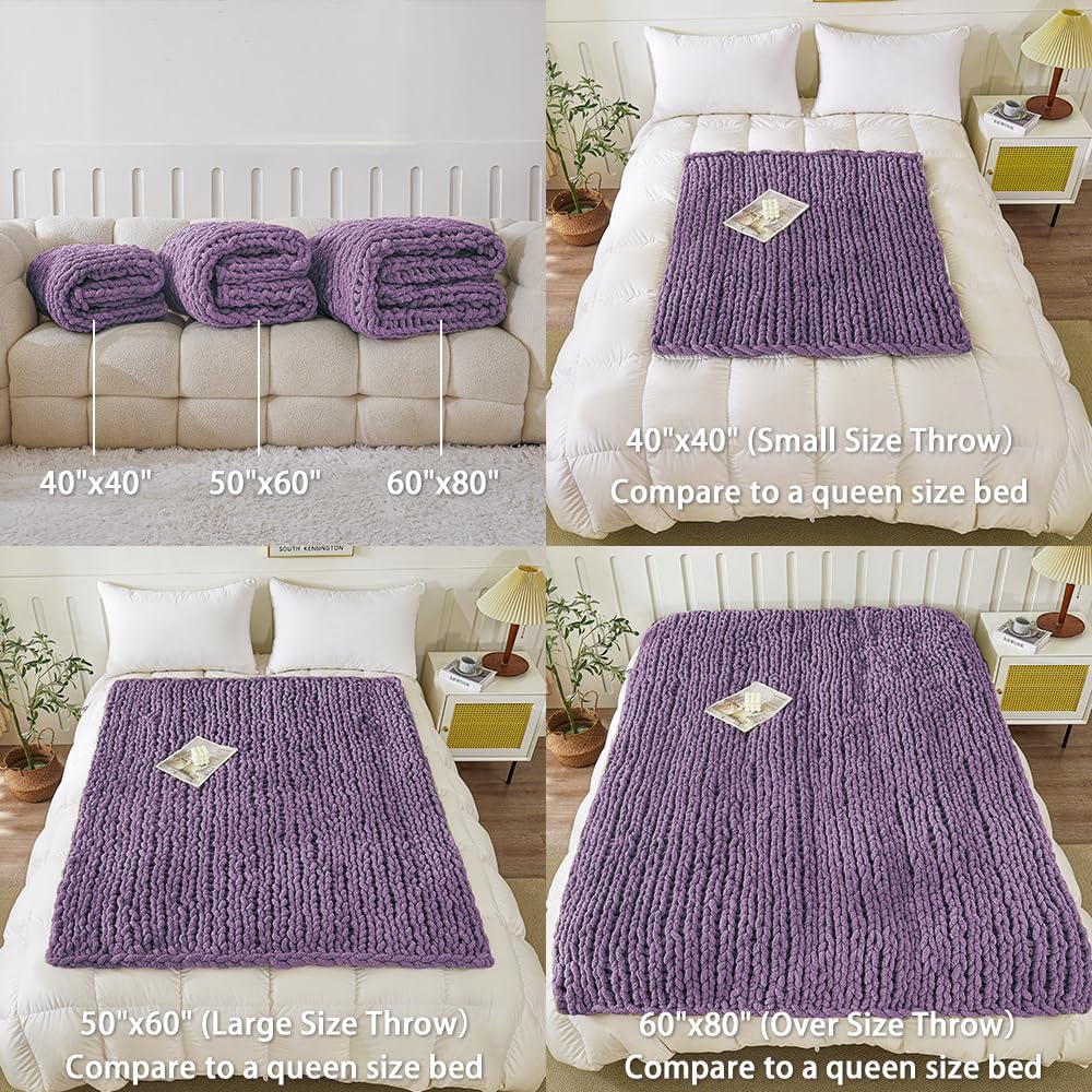 WESHIONGOO Chunky Knit Blanket Throw Knitted Throw Blankets for Couch Bed Fluffy Soft Blanket with Jumbo Chenille Yarn Thick 100% Handmade (Purple, 50"×60")