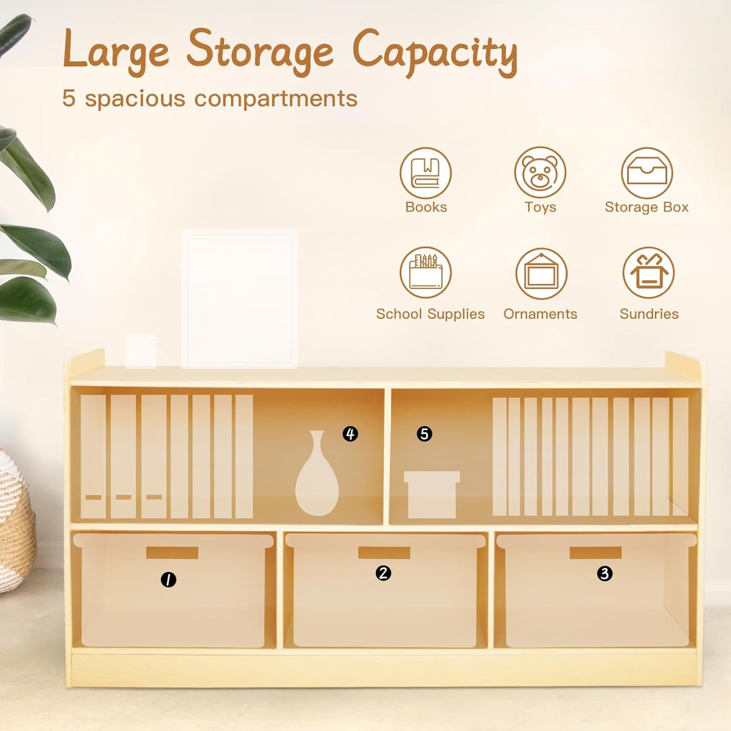 Montessori Shelf, Wooden Toy Storage Organizer for Books Toys, 2 Shelf Bookcase, 5-Section Storage Cabinet, Toddler Book Shelf for Kids Rooms, Playroom, Nursery, Kindergarten (Natural)