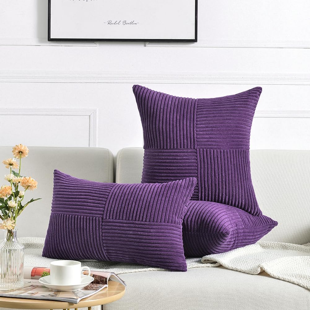 Fancy Homi 2 Packs Purple Decorative Throw Pillow Covers 18x18 Inch for Living Room Couch Bed, Boho Farmhouse Home Decor, Soft Corss Corduroy Patchwork Textured Square Cushion Case 45x45 cm