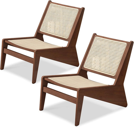 Rattan Chair 2Pcs, Mid-Century Accent Chair, Rattan Lounge Chair for Living Room, Boho Side Corner Comfy Chair for Bedroom and Balcony, Walnut