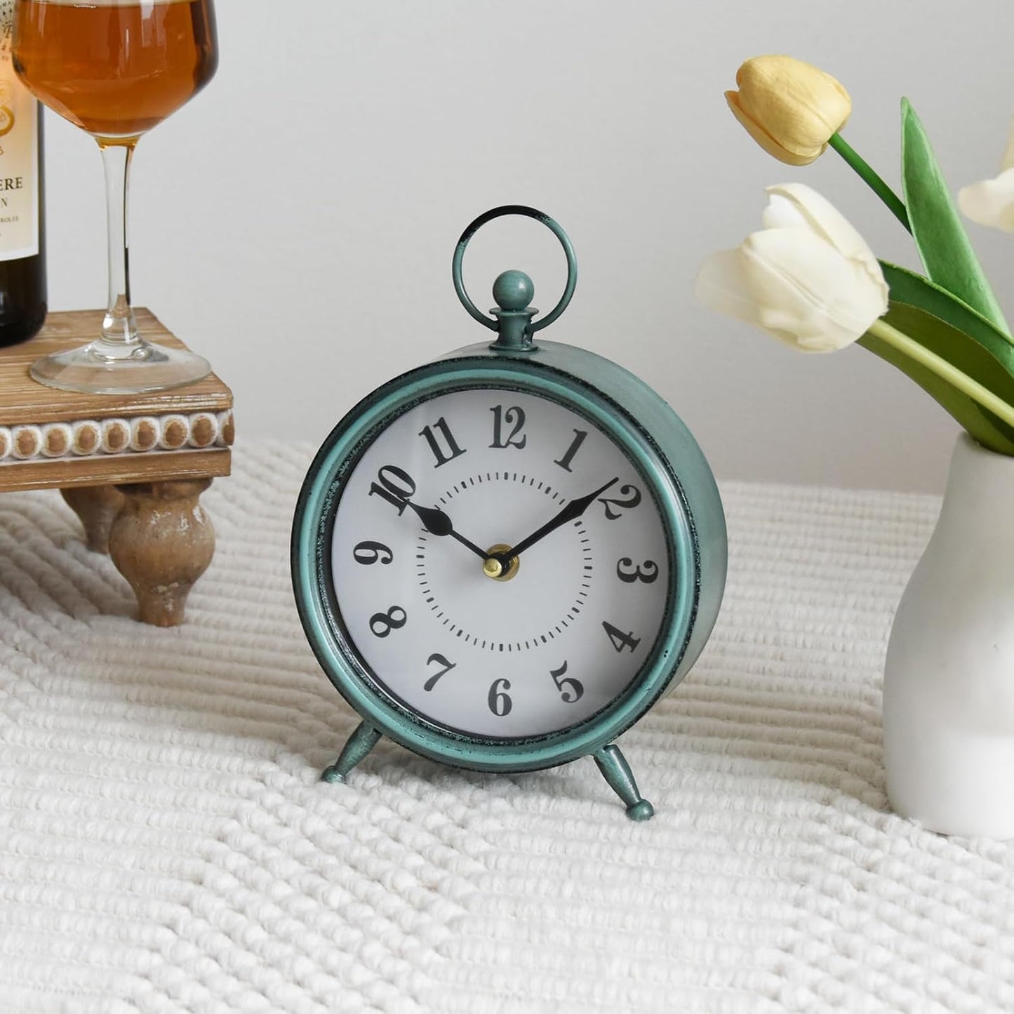 Vintage Small Rustic Green Table Clock on Stand - Decorative Desk and Shelf Clock, Battery Operated, Silent Non-Ticking Timepiece Perfect for Office, Living Room, and Bedroom Decor