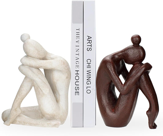 Decorative Bookends for Shelves, Unique Book Ends for Home Office Decor, Meditation Girl Statue Book Stopper for Bookshelf Decor, Modern Abstract Aesthetic Decoration White & Brown