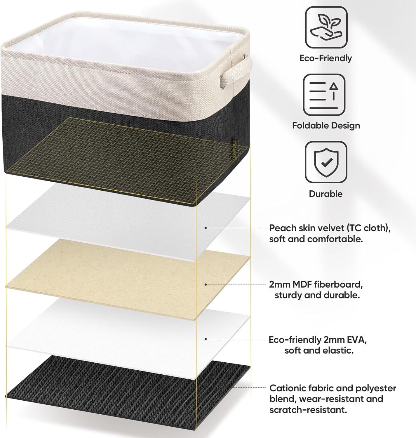 BALEINE 4 Pack Fabric Storage Bins for Shelves, Linen Storage Baskets for Organizing, Decorative Closet Bins for Clothes, Home (Black, 12"x8"x8")