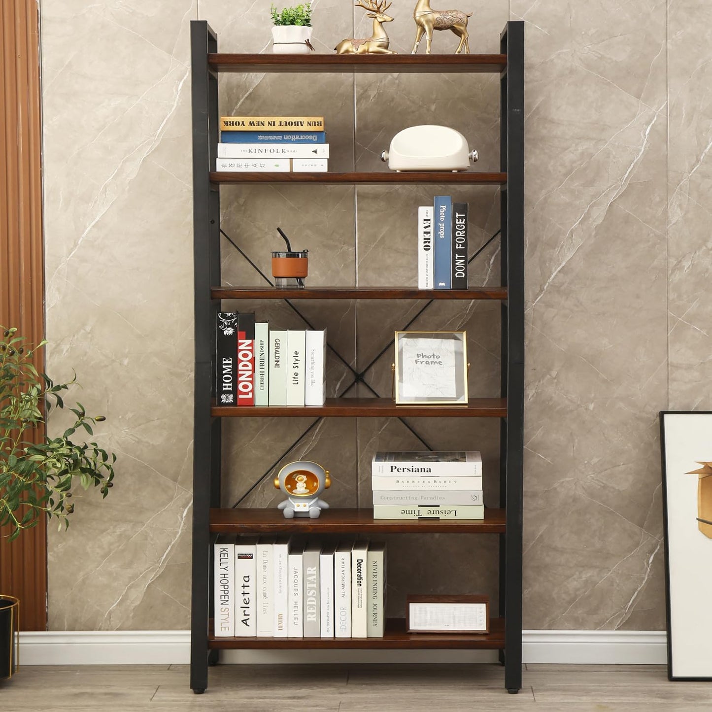 WH-AOERPYMY Natural Real Wood Bookcase,Industrial Bookshelf,6 Tier Solid Wood Open Book Shelf Storage,Metal Shelving Unit,Farmhouse Wide Etagere Bookcase for Office Living Bedroom (6 Tiers)