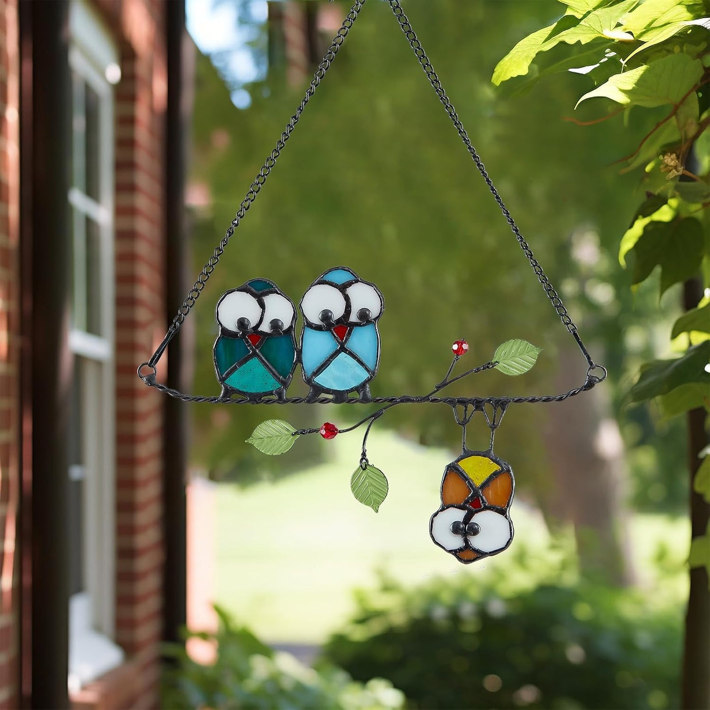Stained Glass Birds,owl,Stained Glass Window Hanging,Multicolor Owls on The Living Tree with Green Leaf and red Berries,Bird suncatcher for Windows Room Home,Bird Deco,Gift for Mom,and Bird Lovers.