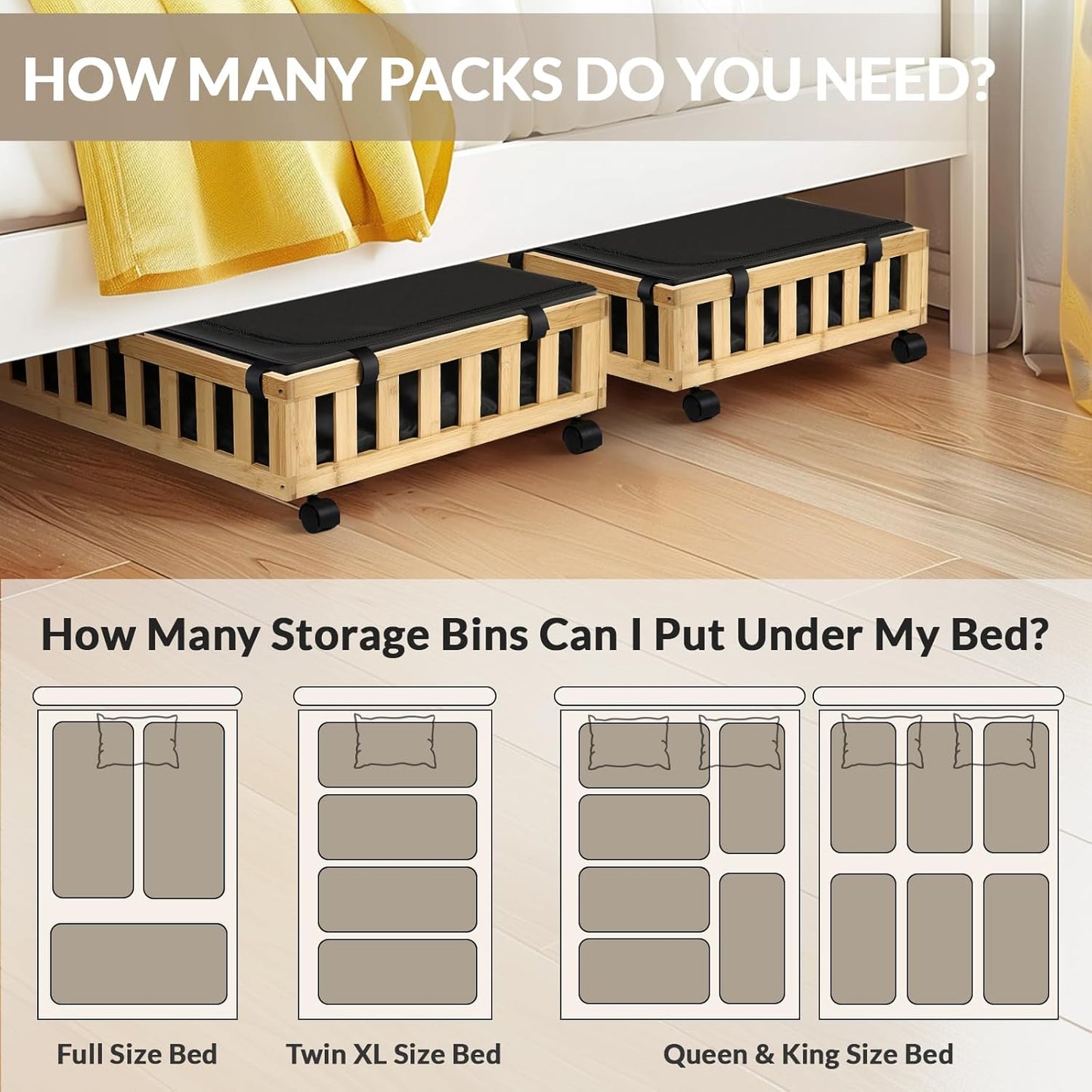 2 Pack Bamboo Under Bed Storage with Wheels, 39”x20”x7.8” Lager Under Bed Storage Containers (Natural)