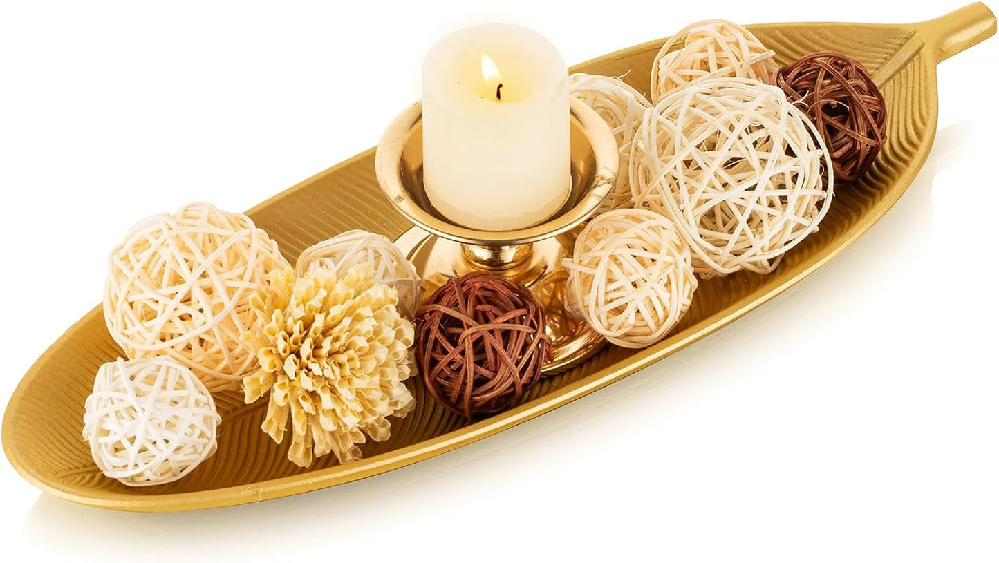 Hanobe Leaf Wooden Decorative Tray: Leaf Shaped Wood Key Tray Decor Leaves Bowl for Crystal Small Candle, Gold
