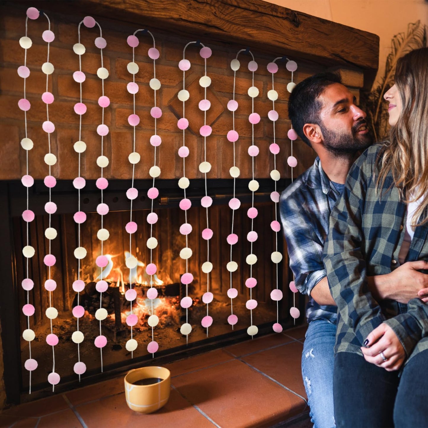 Jishi 3-Pack Pom Pom Garland Pink Felt Ball Ornament Garland Christmas Decorations, Cute Pompom Strings for Christmas Tree Decor, Xmas Holiday Party, Birthday Banner - 6.6 Feet Long, 24 Balls 25mm