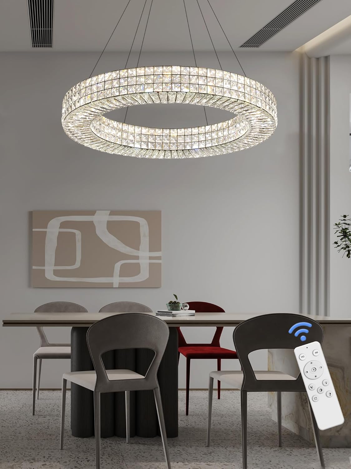 Dia 32" Ring Crystal Chandelier Modern Black Ring Chandelier Adjustable Height Luxury Crystal Pendant Ceiling Light Fixture for Dining Living Room Bedroom