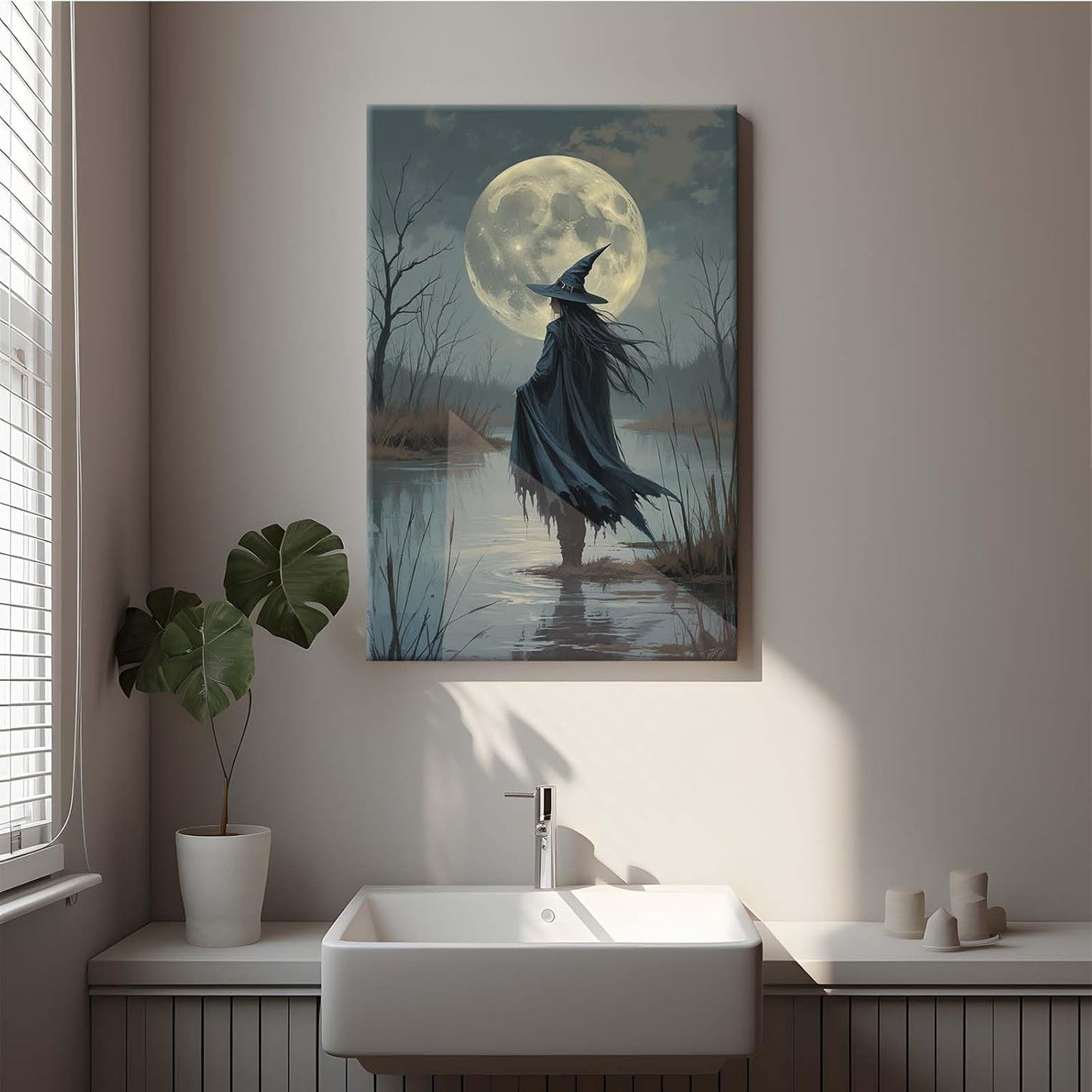 Witch in the moonlight magic canvas wall art enchanting Halloween home decor swamp witch silhouette oil painting mysterious gothic aesthetic wall decor print poster28x40in Wood Framed