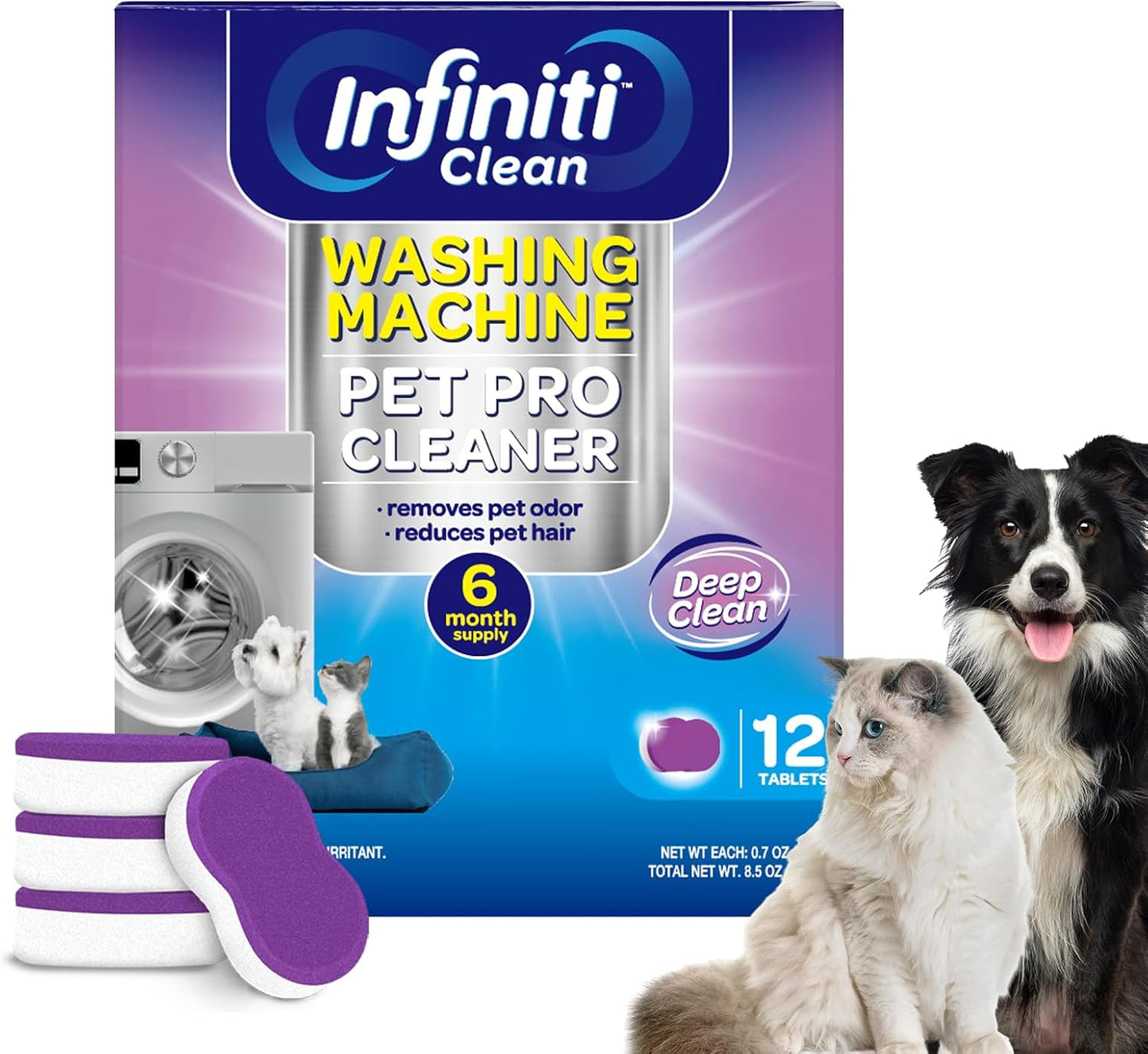 Washing Machine Cleaner Tablets 12 Pack, Formulated for Pet Owners, 8.5oz Washer Machine Cleaner Tablets, Deep Cleaning Descaler for HE, Top & Front Load Washers, Septic Safe - 6 Month Supply
