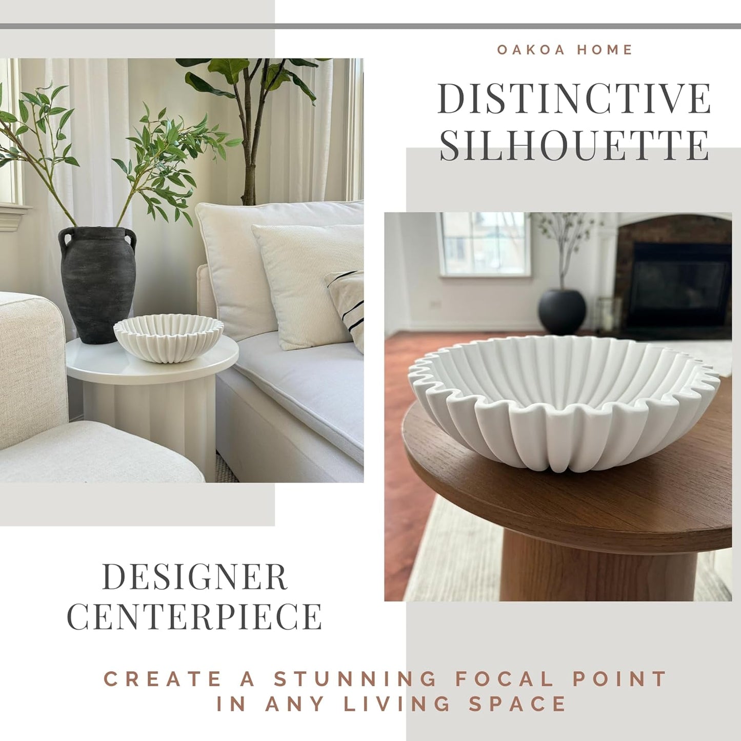 OAKOA Concrete Decorative Bowl - White Large Decorative Bowls for Home Decor - Coffee Table Bowl Decor - Scalloped Ruffle Centerpiece Bowl