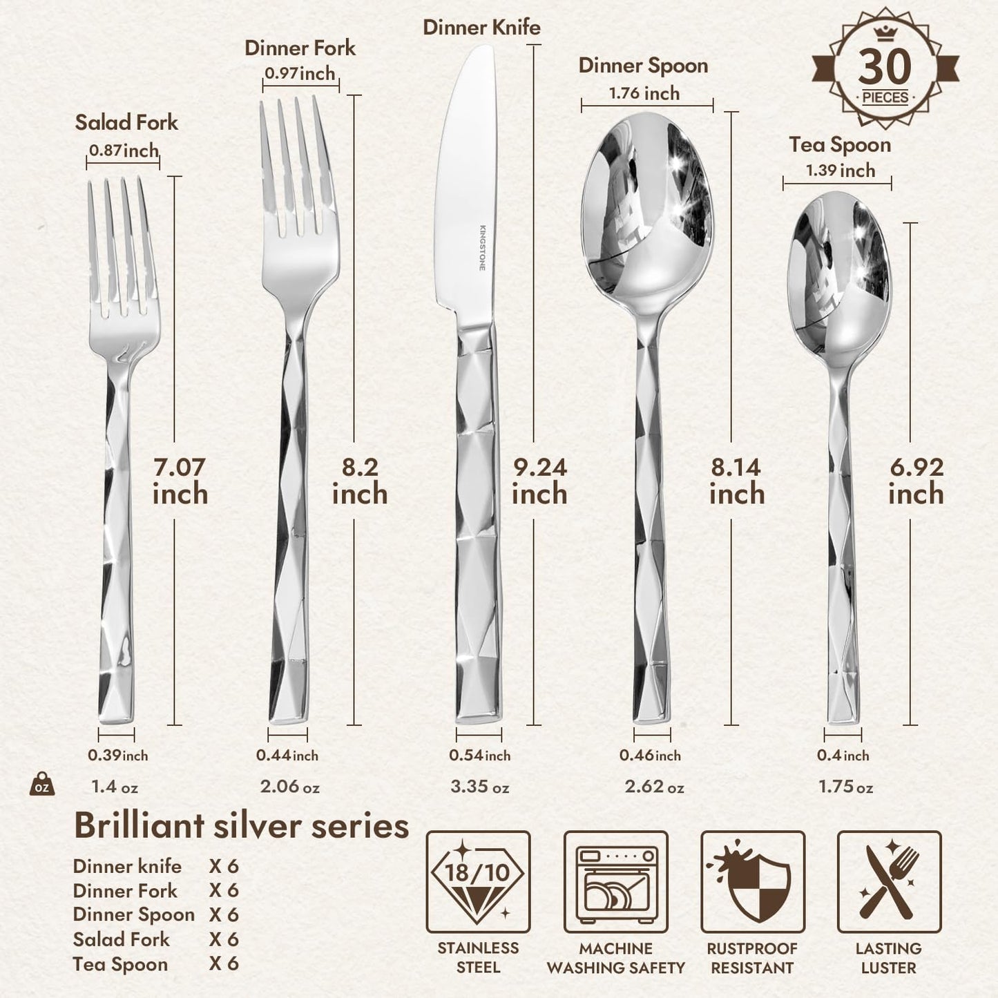 KINGSTONE Silverware Set, Luxury 30 Piece Flatware Set for 6, 18/10 Stainless Steel Cutlery Set with Diamond Cut Pattern for Kitchen, Home, Wedding, Party, Mirror Polished and Dishwasher Safe