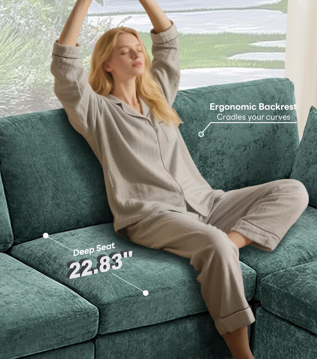 Tbfit 85" Convertible L Shaped Couch, Sectional Sofa for Living Room,Chenille Cloud Couch with Ottoman 4 Seat, Green