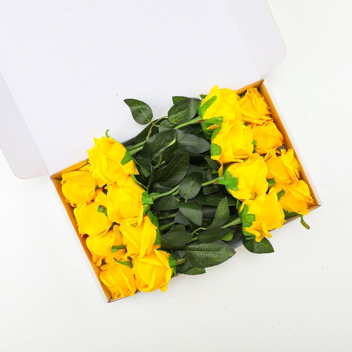 Yellow Fake Roses Artificial Flowers - 16 Pcs Fake Artificial Roses Silk Flowers with Stems for Home Wedding Hotel Office Centerpiece Decor