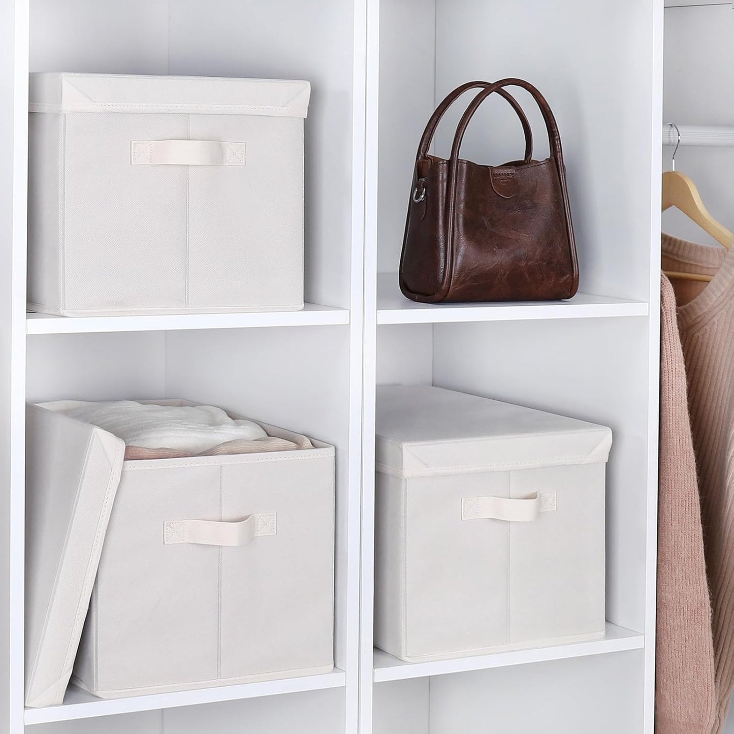 WUIKE Closet Storage Bin with Lids, Decorative Fabric Storage Bins for Clothes, Collapsible Storage Boxes for Home and Closet Organization, Beige, Extra Large, 3-Pack