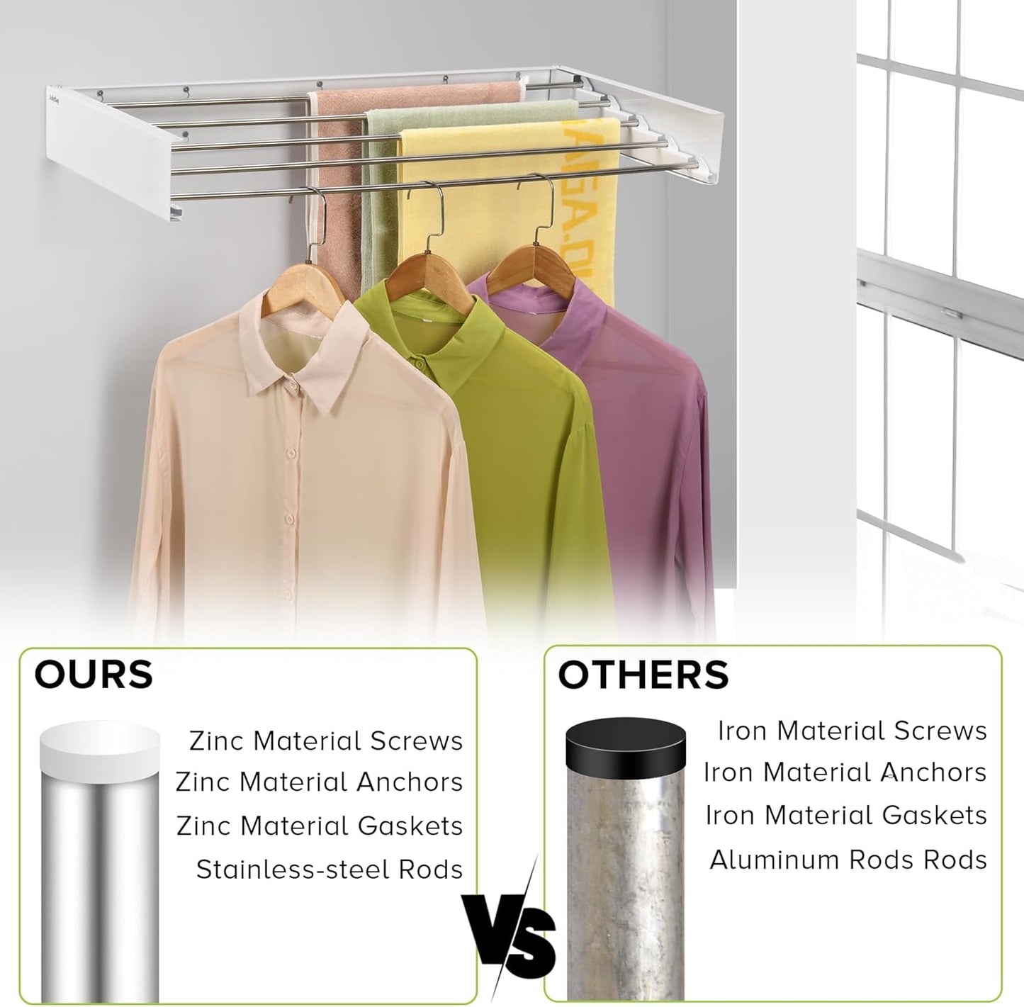 Wall Mounted Laundry Drying Rack, Retractable Clothes Drying Rack for Bathroom with Wall Template, 5 Stainless Rods Heaving 60 lb Capacity (White, 31.5")