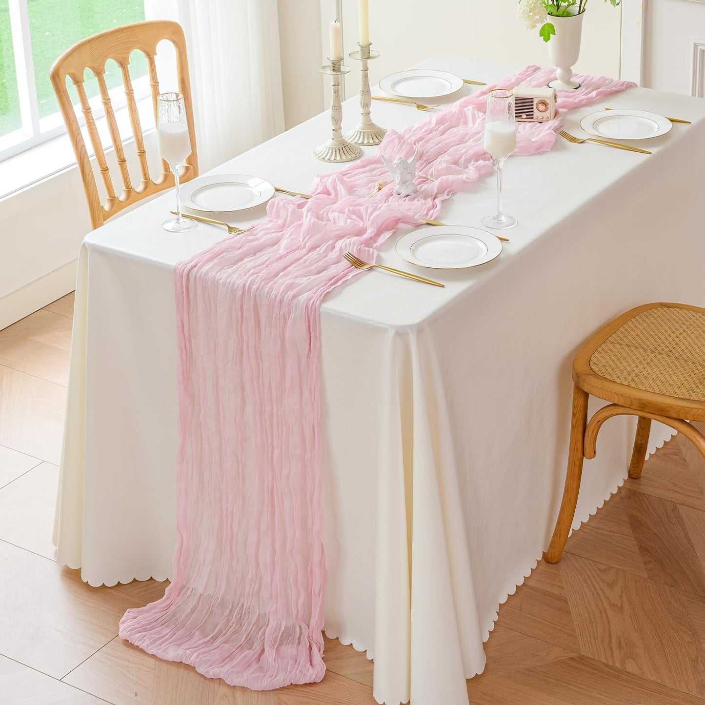 Sioloc 1 Pack Light Pink Cheesecloth Table Runner Fall Autumn Decor for 10ft(35" x120" ) Table Cloth for Tea Wedding Birthday Party Baby Bridal Shower Halloween Thanksgiving