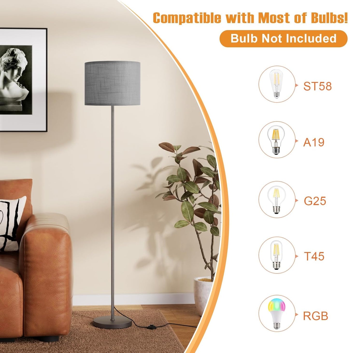 Ambimall 60'' Modern Floor Lamp with Shade, Tall Lamps for Living Room, Bedroom, Office, Dining Room, Linen Grey Shade with Black Pole(Without Bulb)